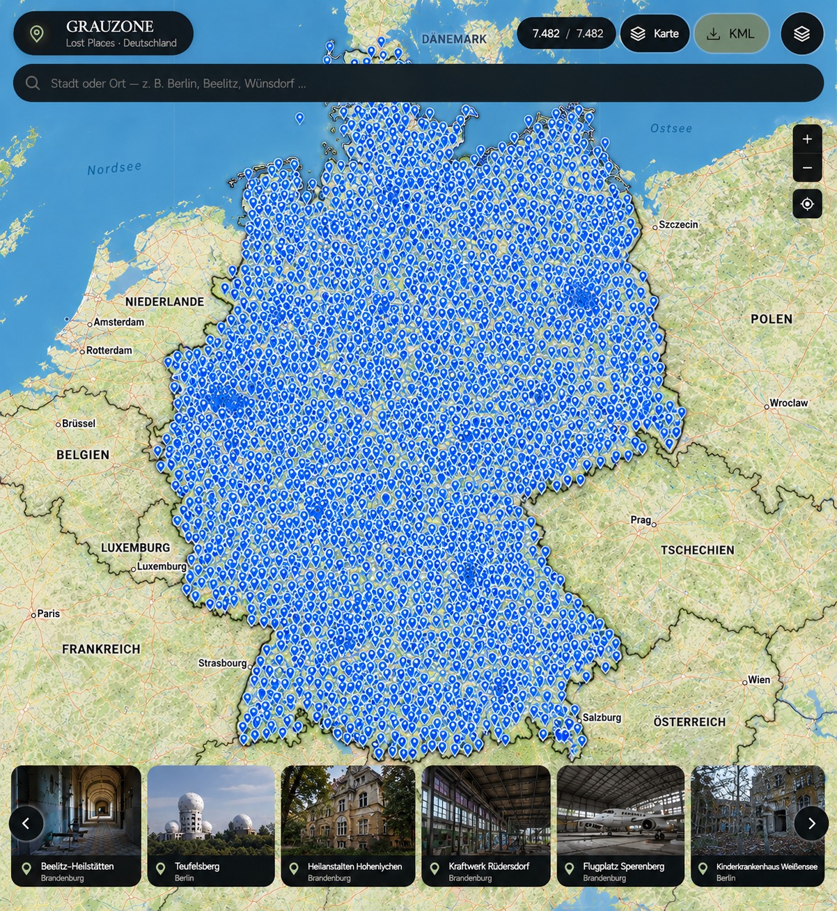 Vorschau der Lost-Place Deutschland-Karte mit über 2000 markierten Orten