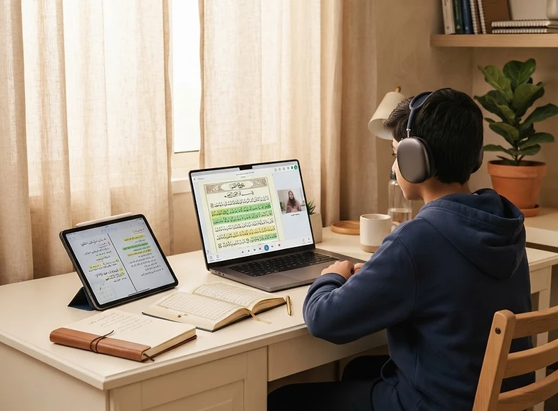 A one-to-one online lesson with a laptop showing a Quran lesson