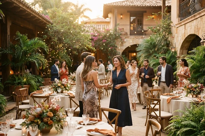 Espaço de eventos recebendo convidados para um jantar ao ar livre