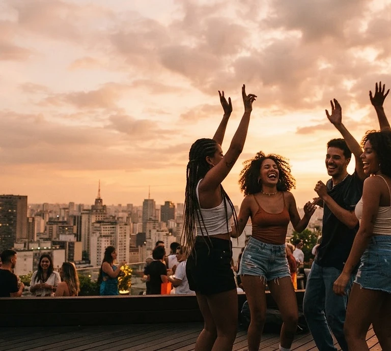 Amigos se encontram, celebram e dançam em um rooftop ao pôr do sol