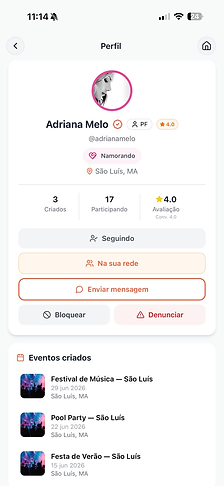 Perfil no URI com conexão na rede, opção de mensagem e eventos criados