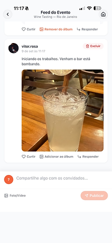 Feed do evento Wine Tasting no URI com foto, comentários e opção de publicar para convidados