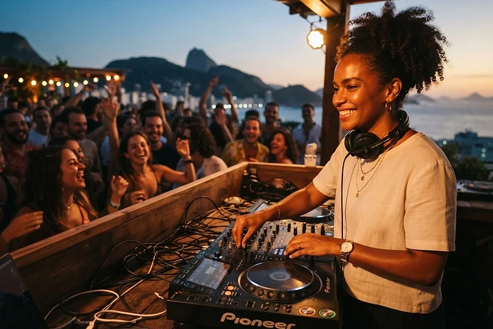 DJ se apresentando para uma comunidade ao pôr do sol