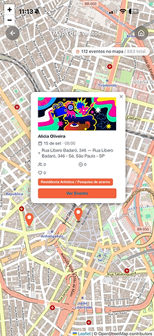 Mapa de eventos do URI com marcadores e detalhes de uma experiência em São Paulo