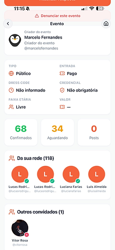Detalhes do evento no URI com tipo de entrada, confirmações e convidados da rede