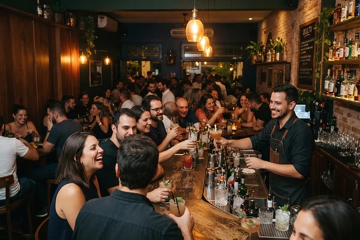 Bar cheio com bartender atendendo clientes e grupos conversando