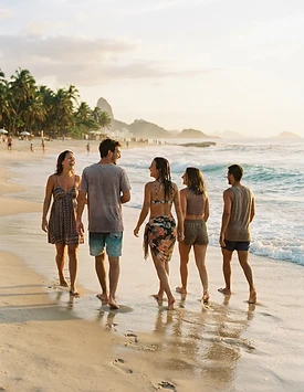 Amigos caminhando juntos na praia no fim da tarde