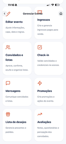 Ferramentas do URI para editar evento, ingressos, convidados, check-in, mensagens, promoções e avaliações
