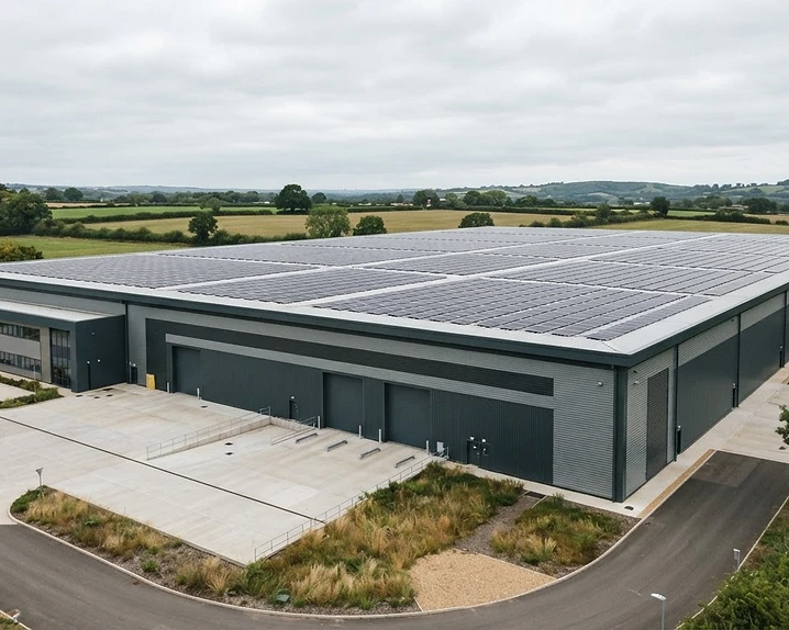 Commercial building with rooftop solar panels