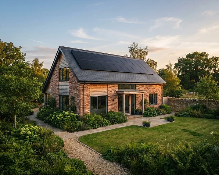 Modern UK home with solar panels on the roof