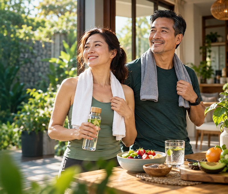 Cặp đôi châu Á trung niên vui vẻ sau khi vận động nhẹ bên bữa ăn lành mạnh trong ánh sáng tự nhiên