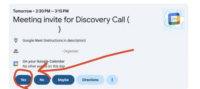 Calendar invite with the Yes button highlighted