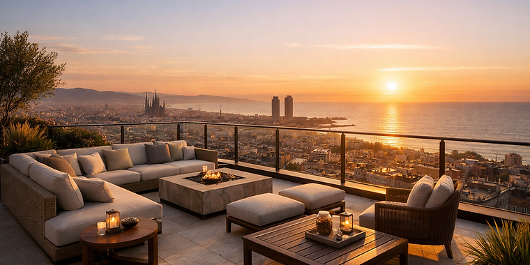 Luxury Barcelona rooftop terrace at dusk with sea view