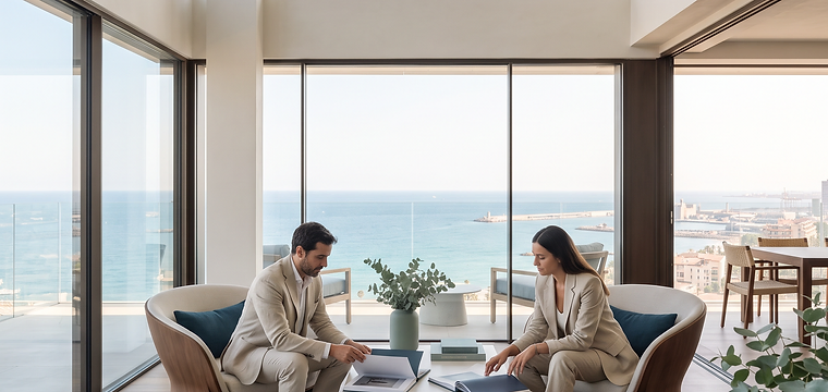 Partner briefing in a bright coastal penthouse lounge overlooking the sea