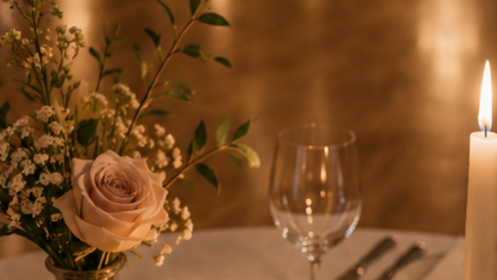 Gedeckter Tisch mit Kerze und Rose im Gasthof Sternen Detligen