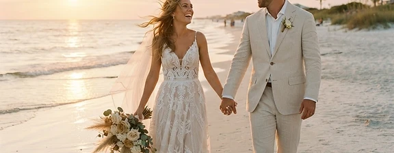 A couple walking hand in hand on a Gulf Coast beach at sunset