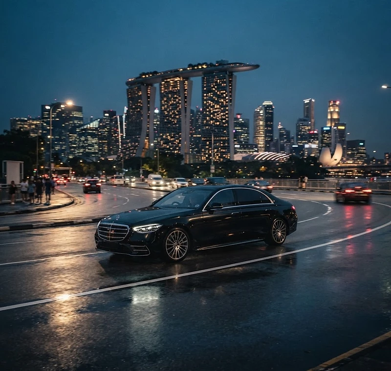 Black Mercedes S-Class gliding through Singapore CBD at dusk