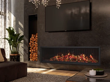 Kozy Heat Osseo X linear electric fireplace in a dark charcoal stone tile wall