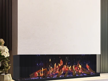 Kozy Heat Osseo X three-sided electric fireplace built into a light neutral wall