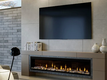 Dimplex Bold 74 linear electric fireplace built into a light gray tiled wall