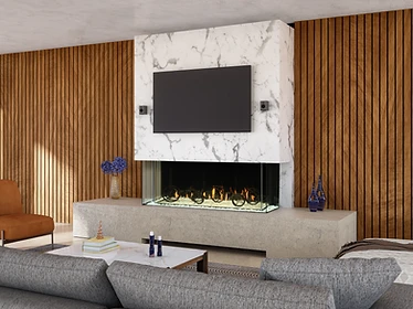 Kozy Heat GEN-6020 three-sided peninsula fireplace set in a white marble surround