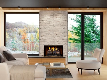 Real Fyre MCO-24 Mountain Crest Oak gas log set in a stacked stone fireplace wall