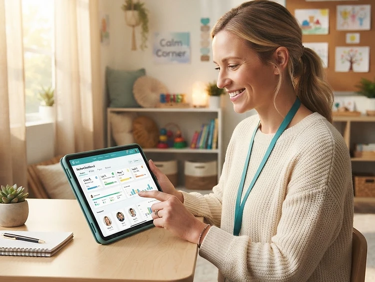 A special education teacher using the SpecialEd AI classroom dashboard on a tablet