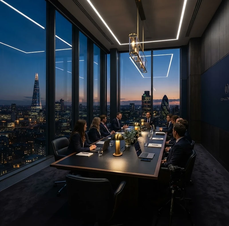 Sala riunioni di una società di consulenza al tramonto