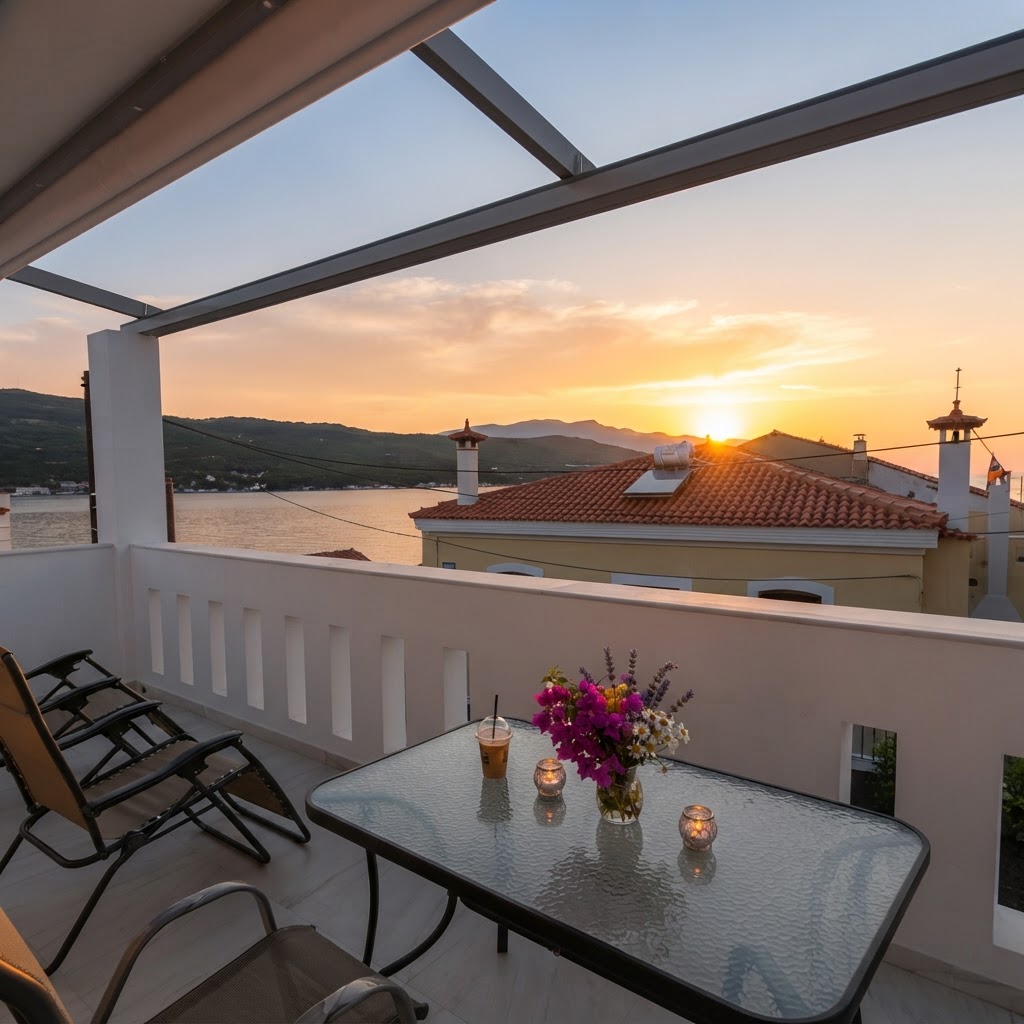 Terrace dining table with flowers at sunset