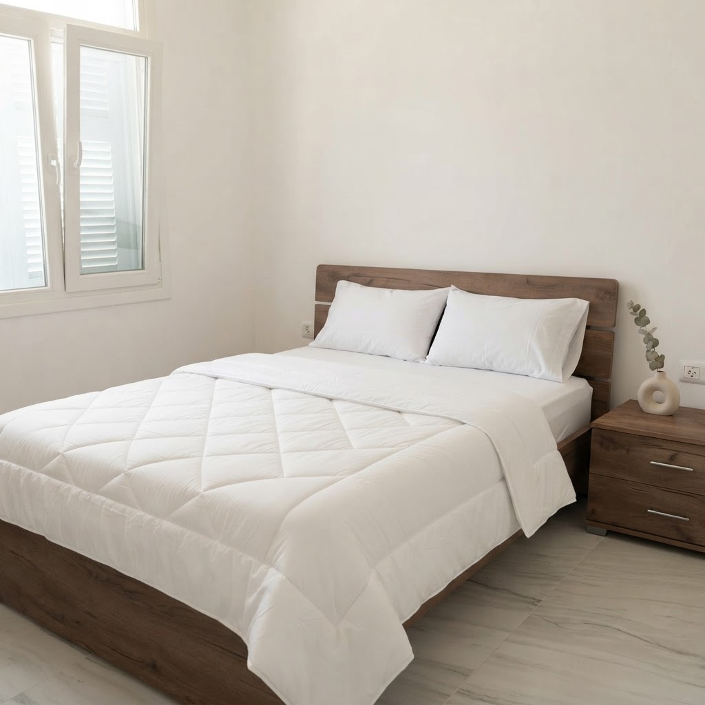 Bedroom with queen bed, linens & pillows