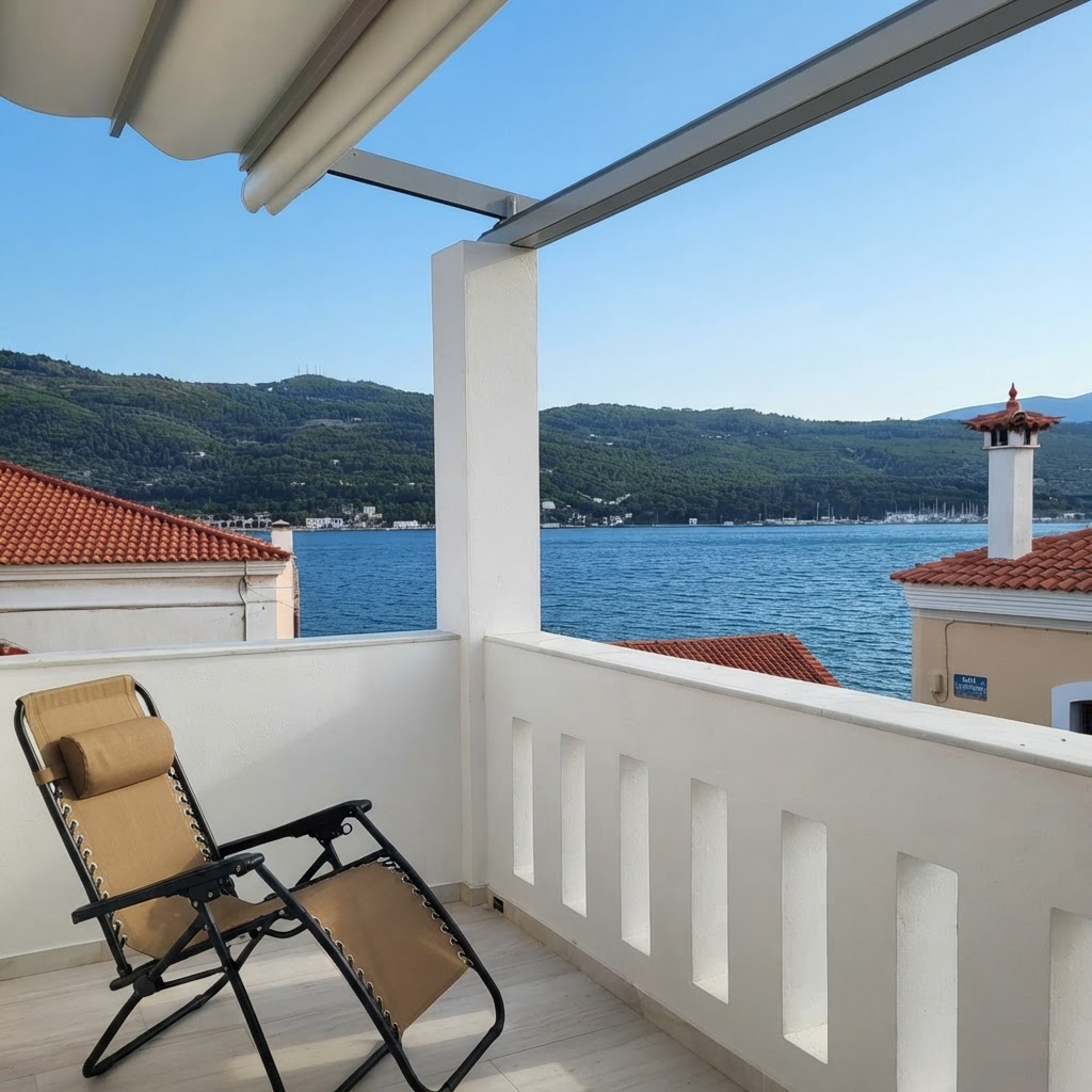 Lounge chair on the terrace with sea & mountain view