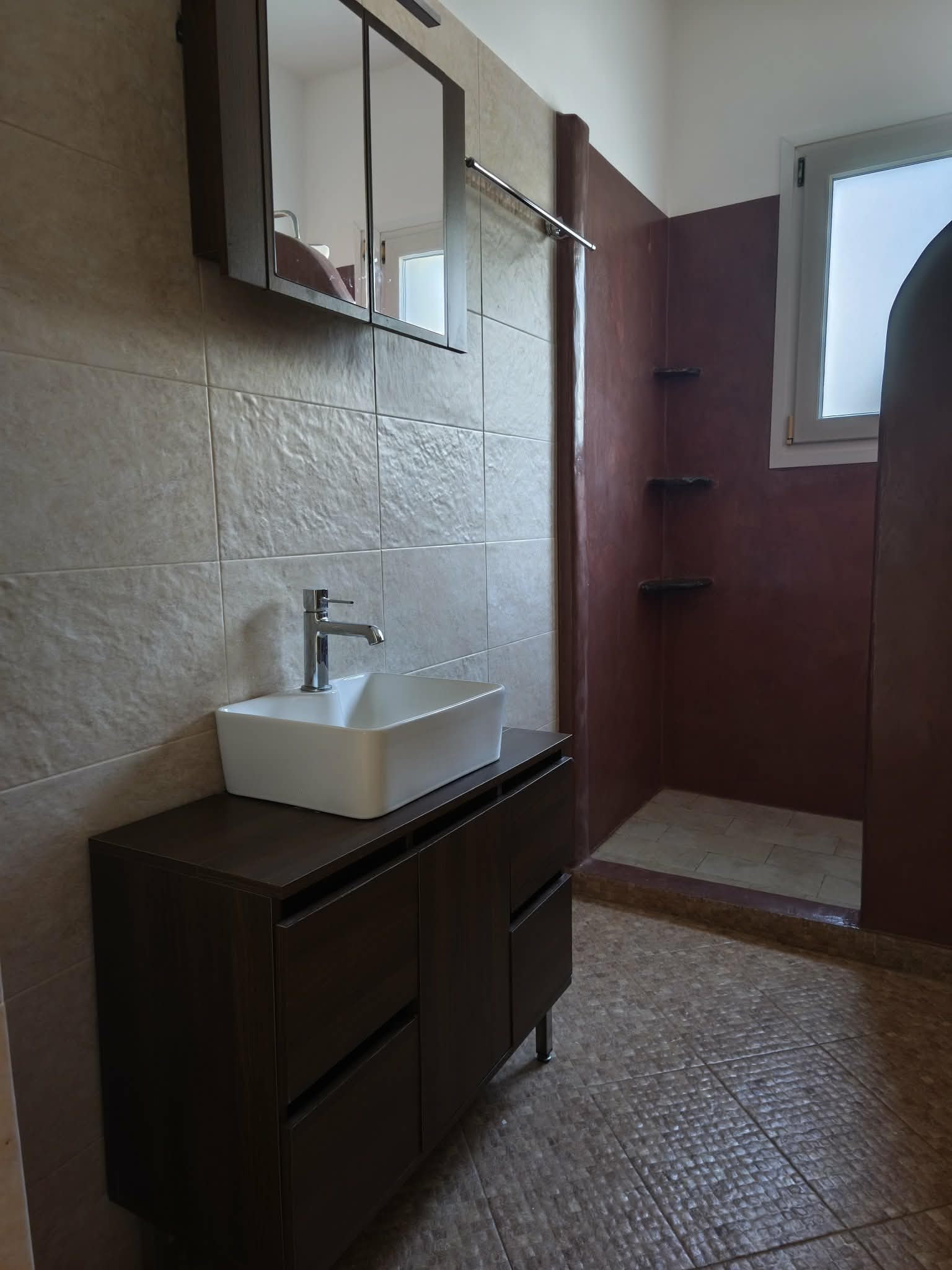 Vanity with vessel sink, mirror cabinet & shower
