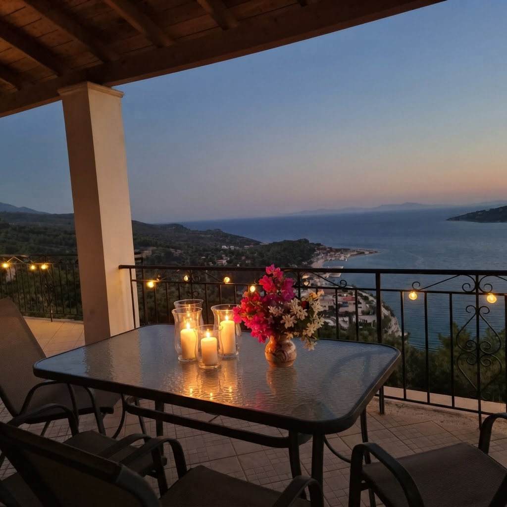 Covered terrace with dining table, candles & sea view