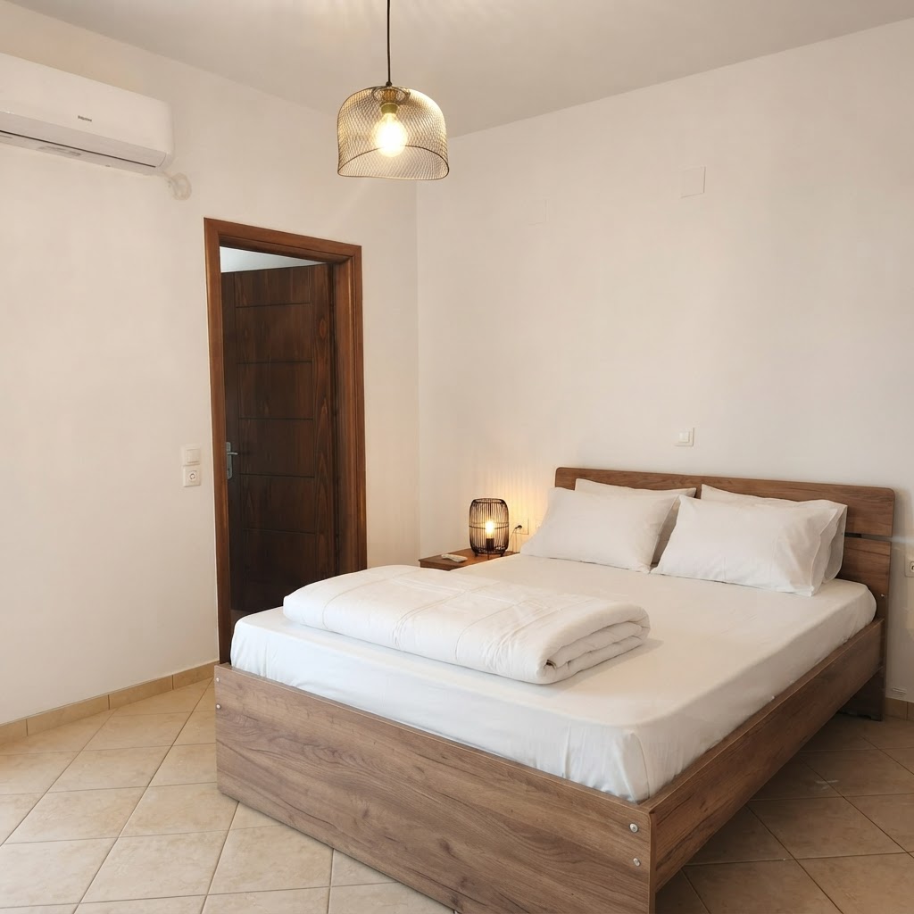 Bedroom with double bed, white linens, pillows & bedside lamp