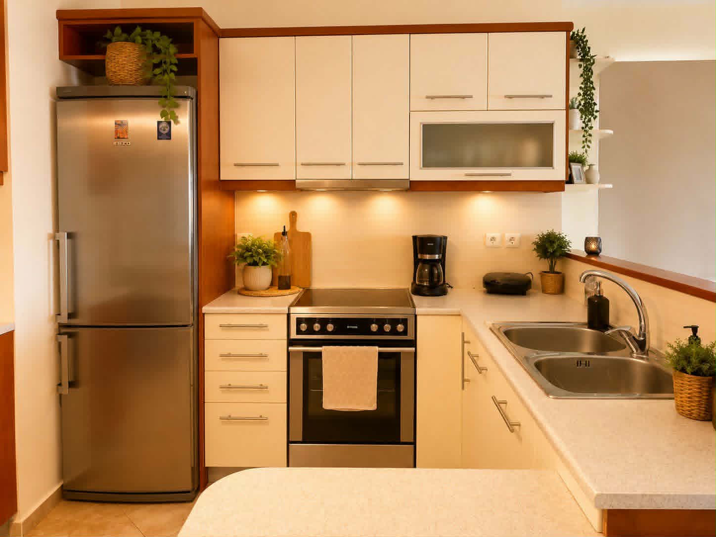 Kitchen with refrigerator, oven & coffee maker