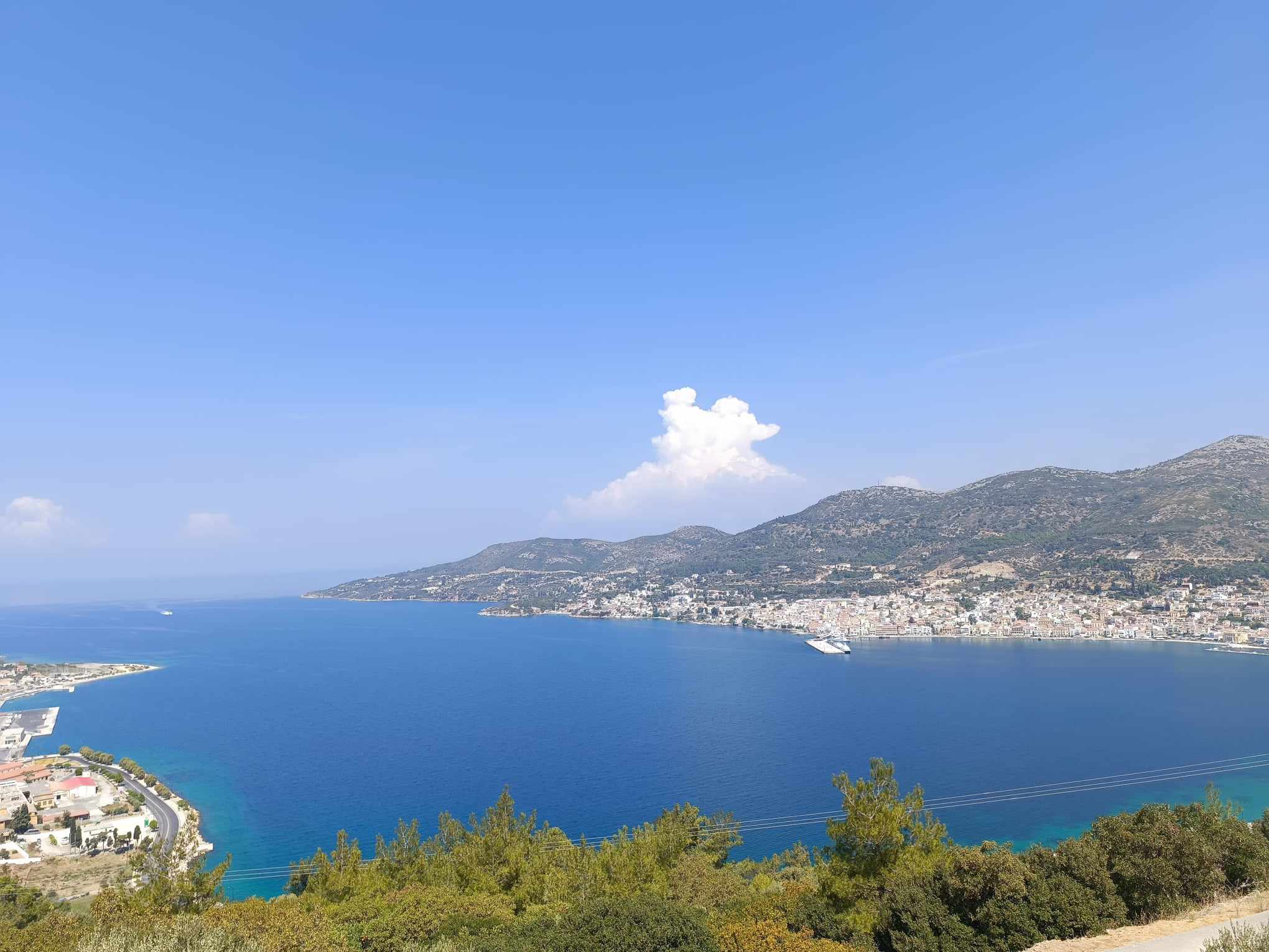 Aerial view of the bay, town & mountains