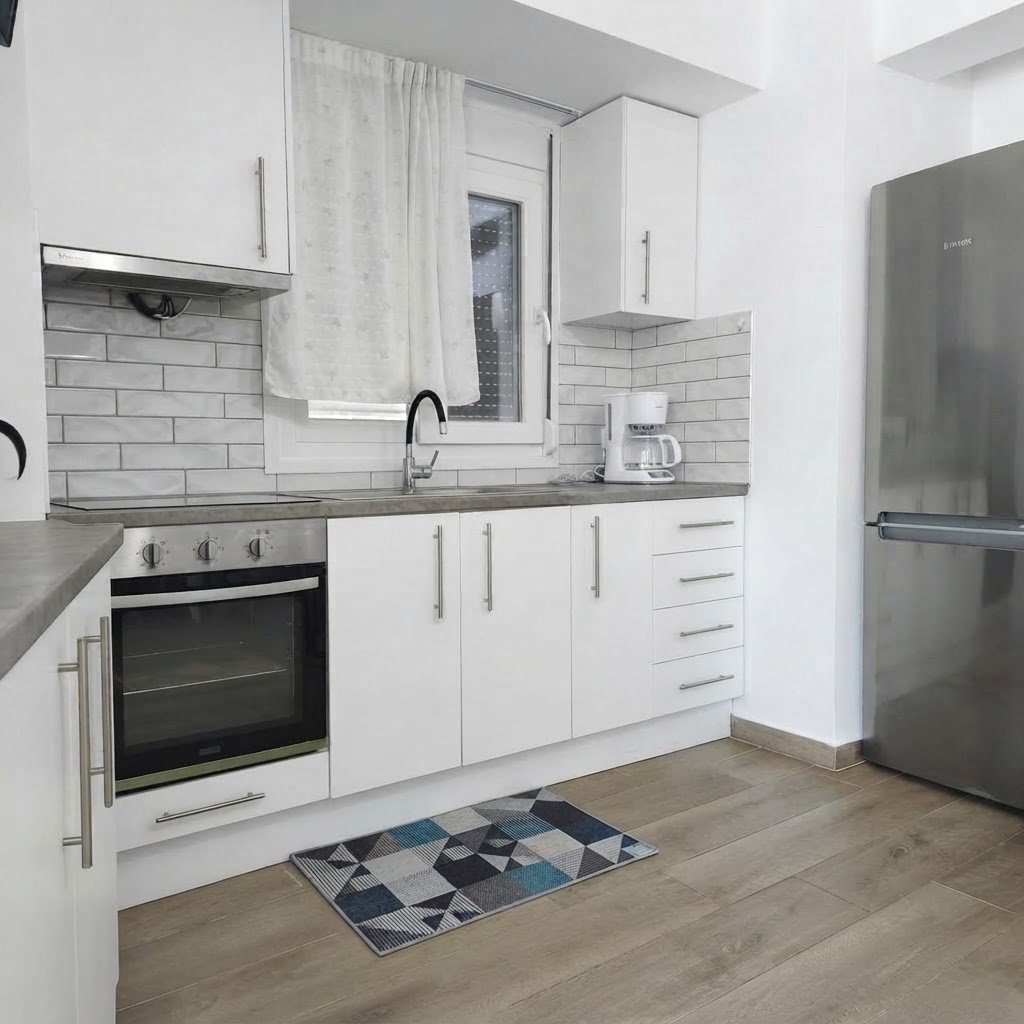 Kitchen with oven, sink, refrigerator & filter coffee machine