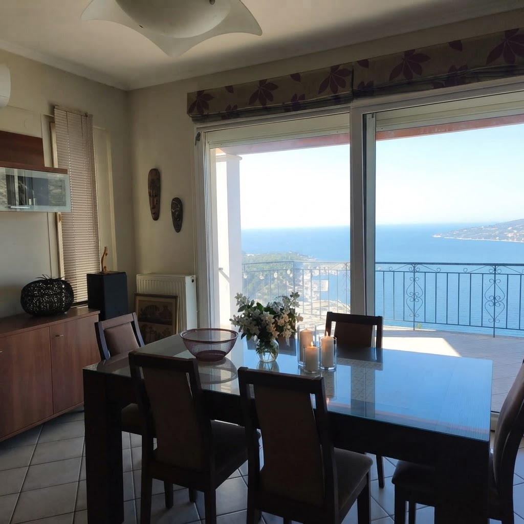 Dining area with glass table, candles & sea view