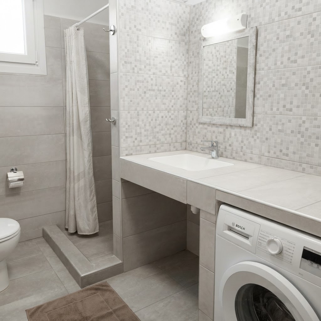 Bathroom with walk-in shower & vanity