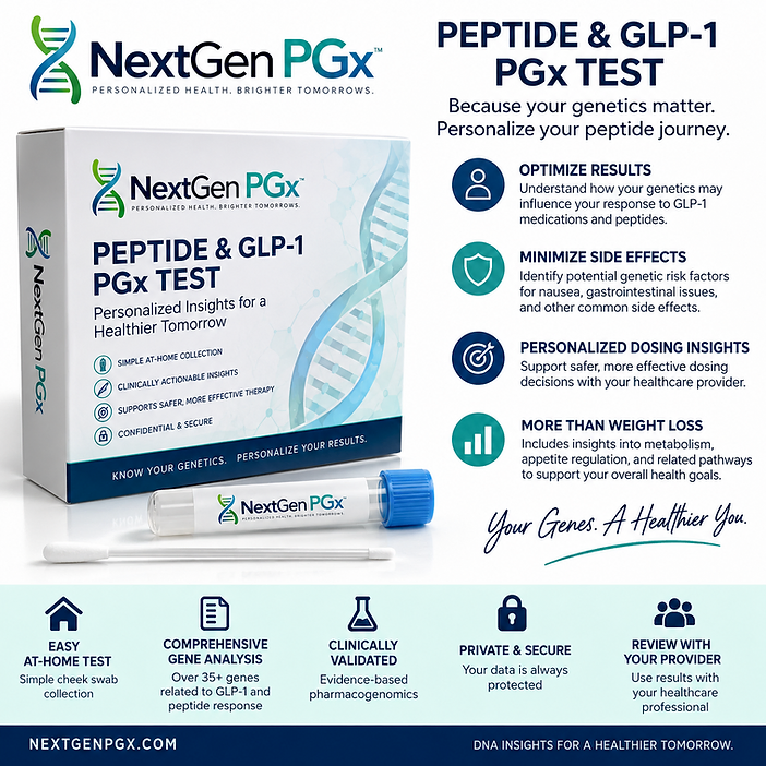 NextGen PGx Peptide & GLP-1 PGx Test kit box and collection swab