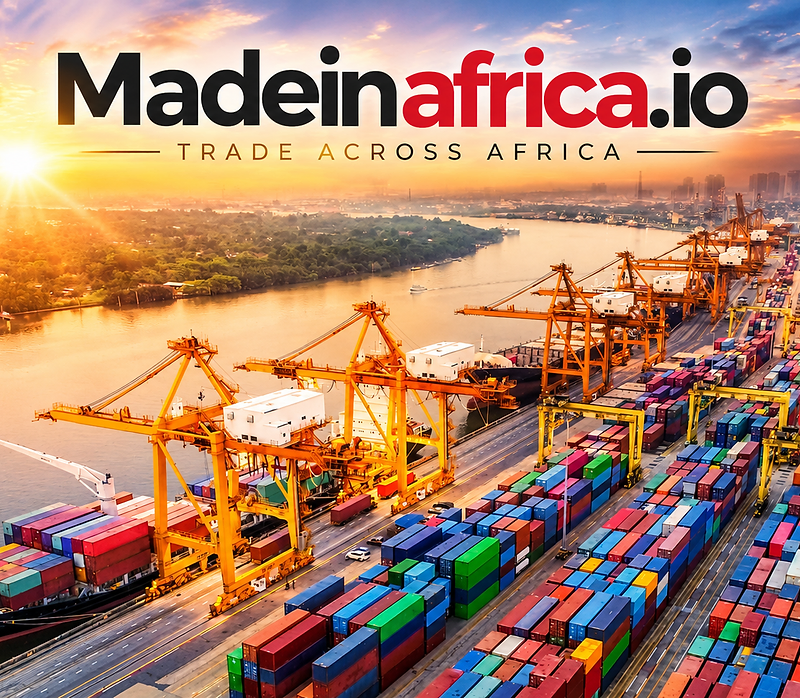 Madeinafrica.io — Trade Across Africa container port at sunset