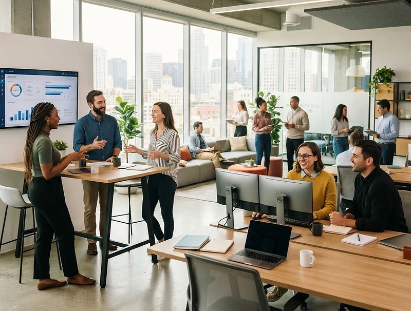 Team of young professionals working together in a modern office