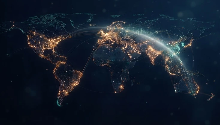 Glowing global connection map across time zones