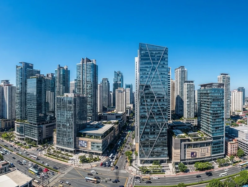 Ortigas Center, Manila skyline under a bright blue sky