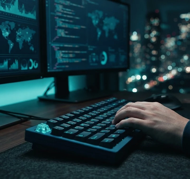 High-end operations workstation with dual monitors and teal ambient lighting