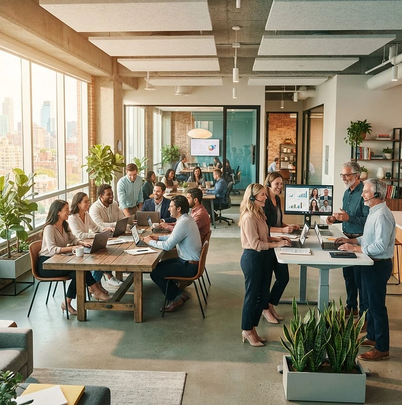 Diverse professional team collaborating in a modern open-plan office