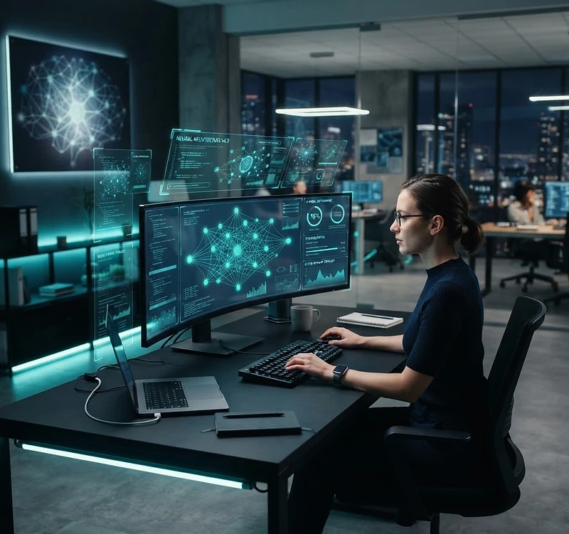 AI technology workspace with neural network visualization in teal and navy