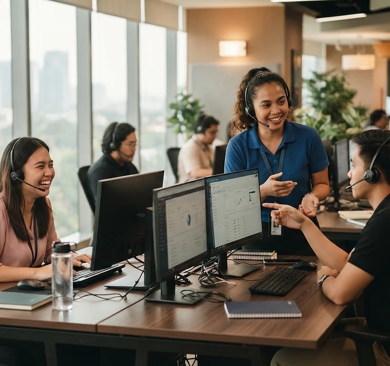 Filipino professionals collaborating in a bright modern workspace
