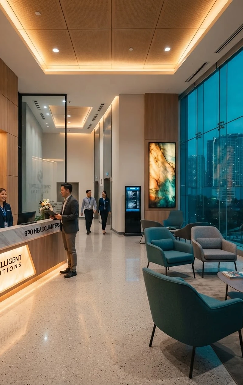 Modern corporate office reception area with a friendly receptionist