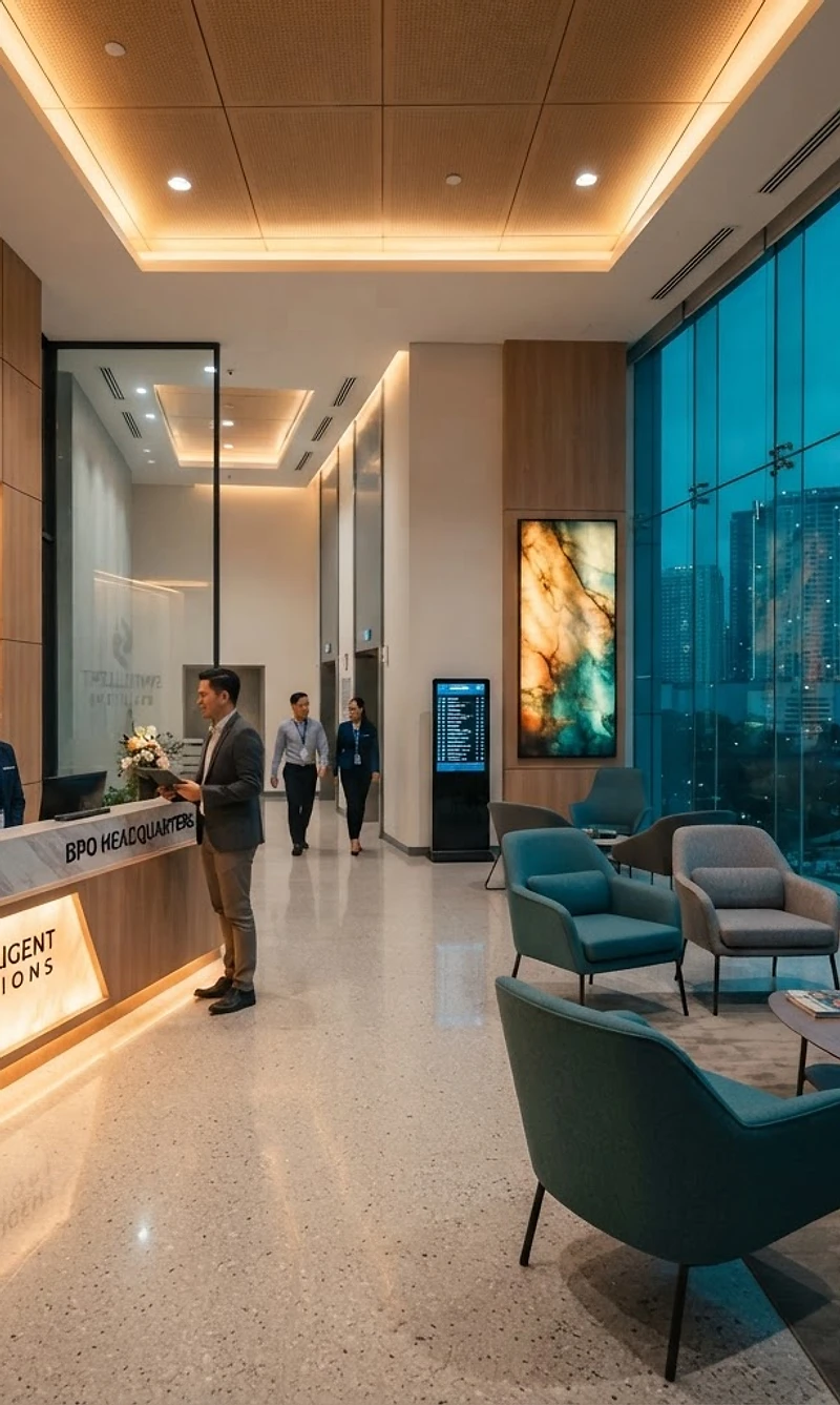 Modern corporate office reception area with a friendly receptionist